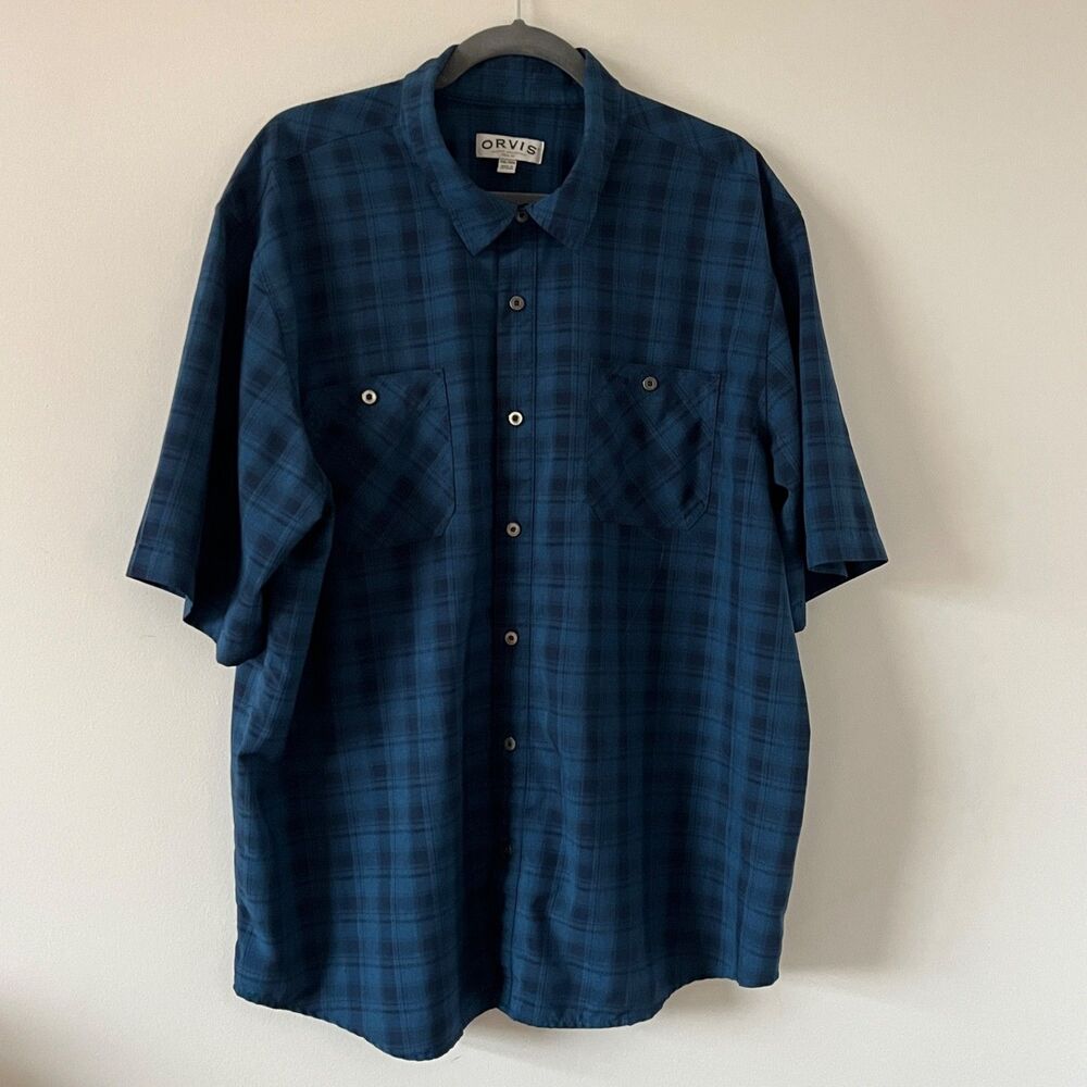 Orvis Men's XXL Short Sleeve Plaid Shirt Blue Polyester Classic Collection
